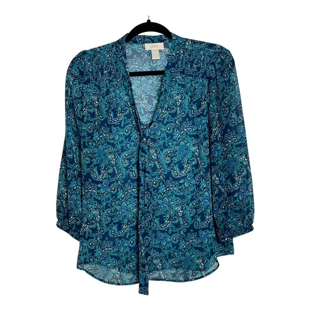 Ann Taylor Loft Womens XS‎ Teal Blue Paisley Tie Front Smocked 3/4 Sleeve Blouse